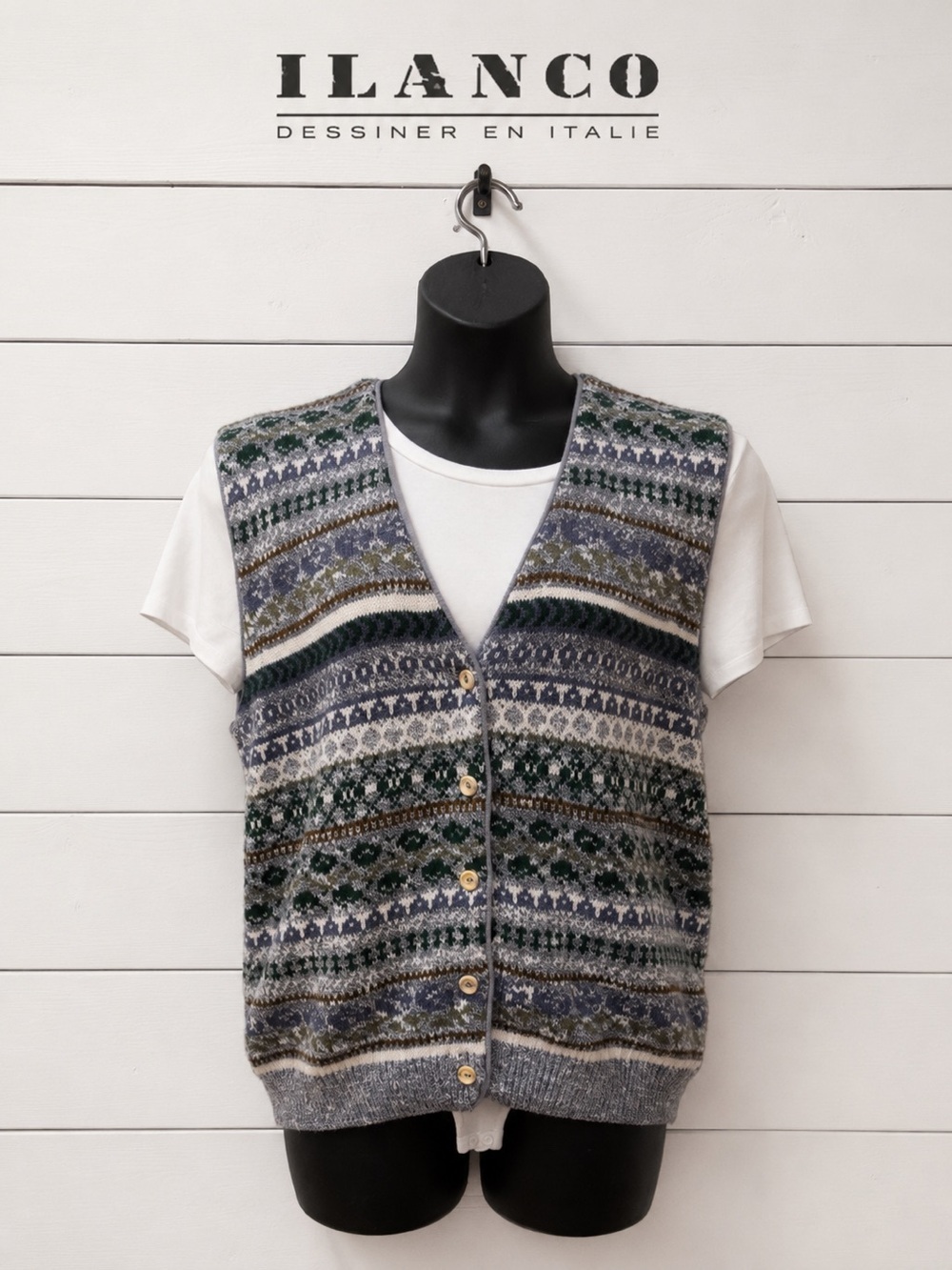 ILANCO Fair Isle Knit Sweater VestBlue & Green – Estimated Medium/Large – Unisex